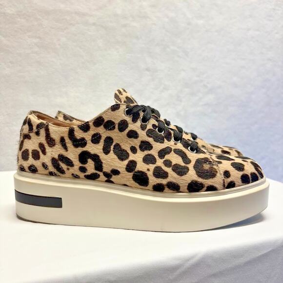 Paolo Tan Leopard Print Calf Hair Lace Up Platform Sneaker Shoes Women's Size 9M - Picture 1 of 15